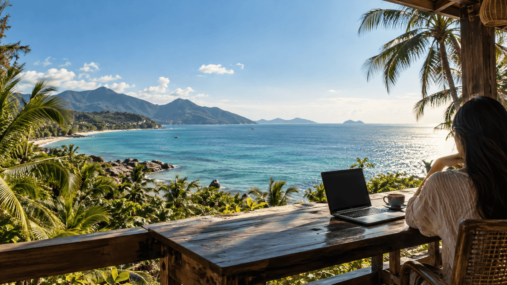 A laptop and coffee on a seaside terrace in Sanya, China: an illustrated digital nomad workspace
